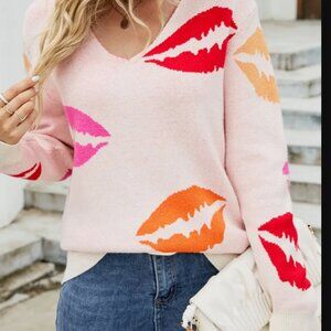 Colorful lips v-neck sweater
